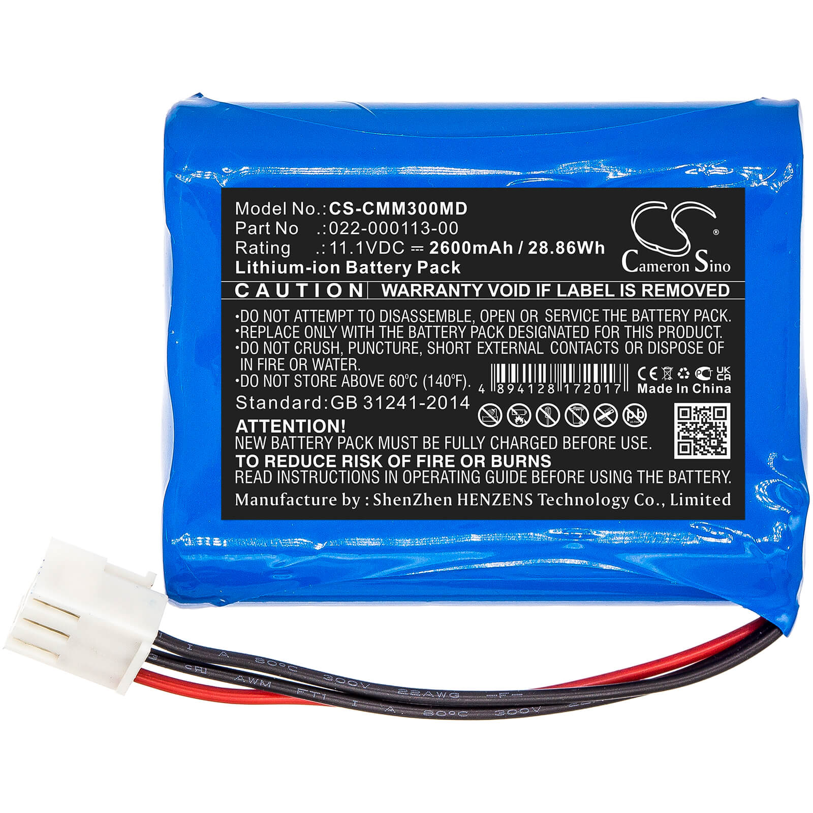 11.1V, 2600mAh, Li-ion Battery fits Comen, Cm300, 28.86Wh