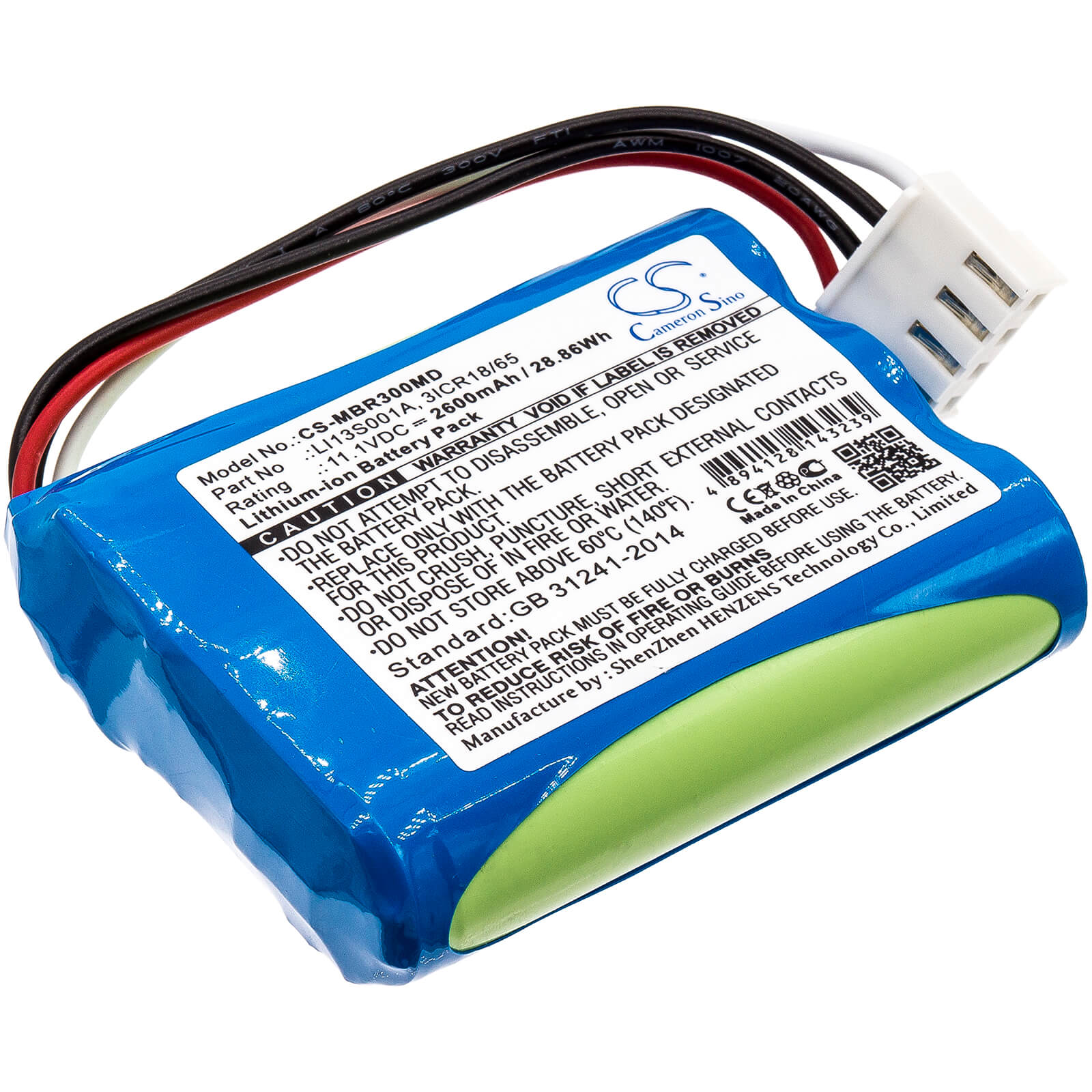 11.1V, 2600mAh, Li-ion Battery fits Mindray, Beneheart R3, Beneheart R3 Ekg, 28.86Wh