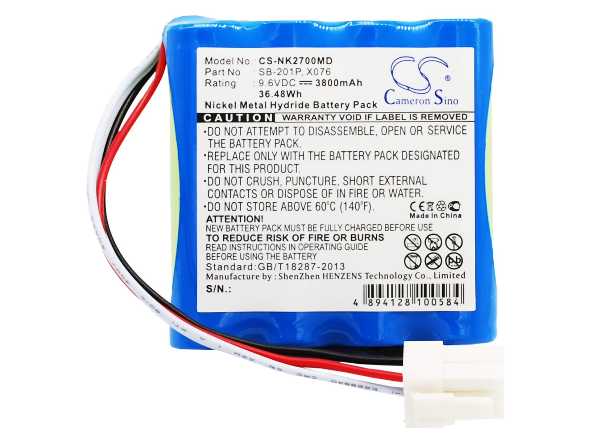 9.6V, 3800mAh, Ni-MH Battery fits Nihon Kohden, Pvm-2700, Pvm-2701, 36.48Wh