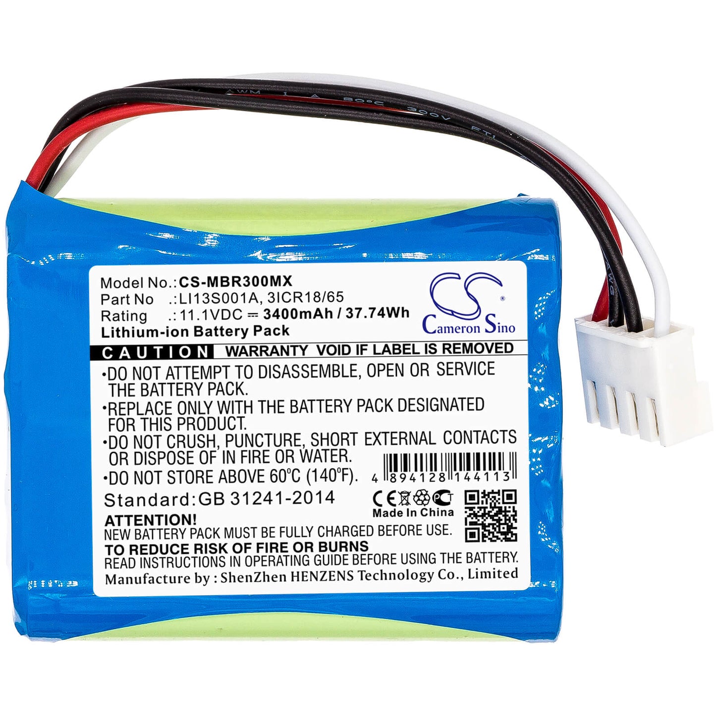 11.1V, 3400mAh, Li-ion Battery fits Mindray, Beneheart R3, Beneheart R3 Ekg, 37.74Wh