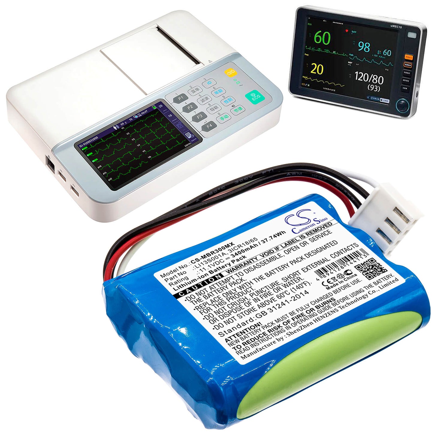 11.1V, 3400mAh, Li-ion Battery fits Mindray, Beneheart R3, Beneheart R3 Ekg, 37.74Wh