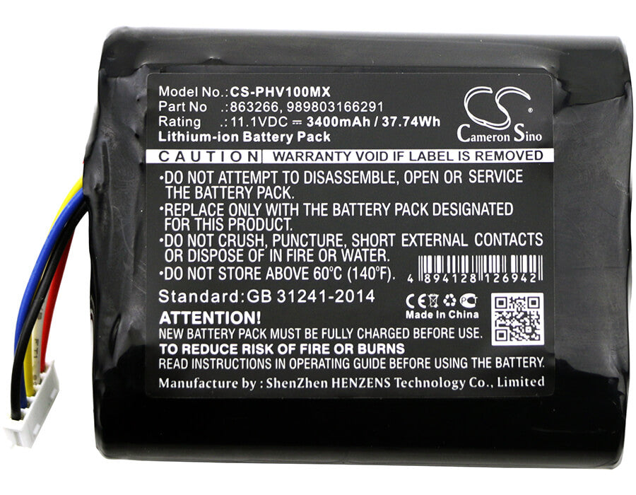11.1V, 3400mAh, Li-ion Battery fits Philips, Moniteur Portable Suresigns Vm, Monitor Vs1, 37.74Wh