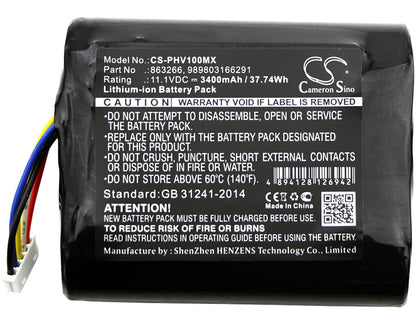 11.1V, 3400mAh, Li-ion Battery fits Philips, Moniteur Portable Suresigns Vm, Monitor Vs1, 37.74Wh