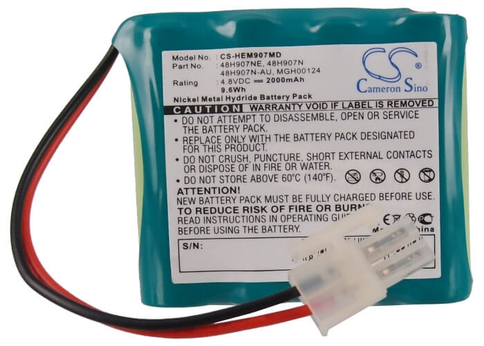 4.8V, 2000mAh, Ni-MH Battery fits Omron, Hem-907, Hem-907-pbat, 9.6Wh