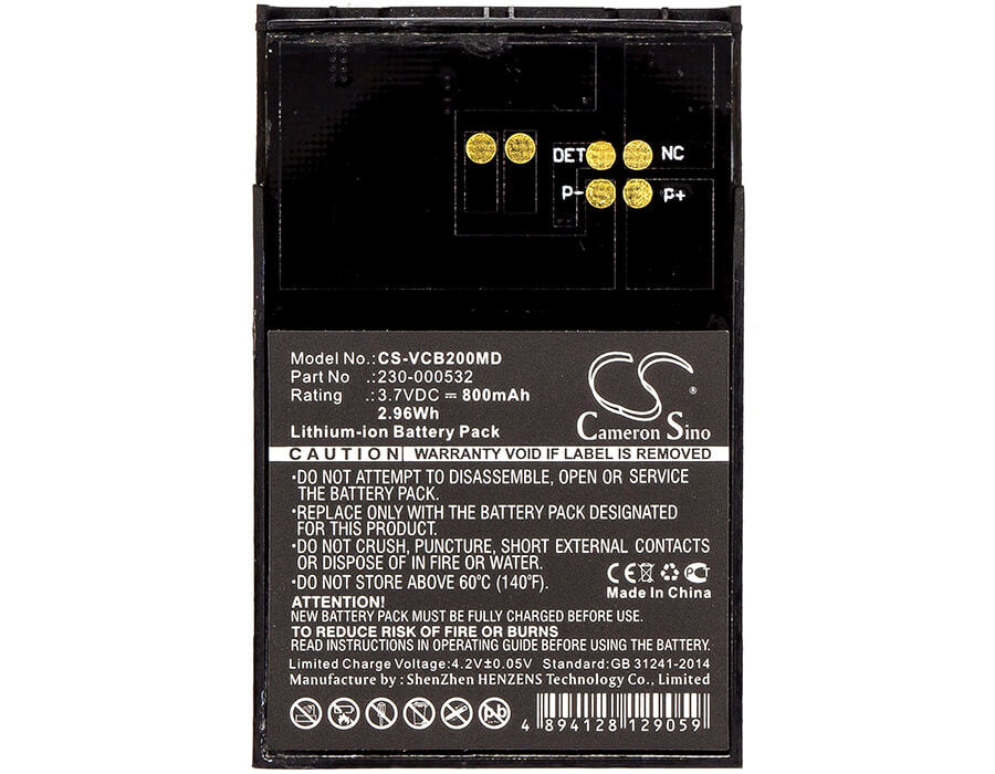 3.7V, 800mAh, Li-ion Battery fits Vocera, Communications Badge B1000, Communications Badge B2000, 2.96Wh
