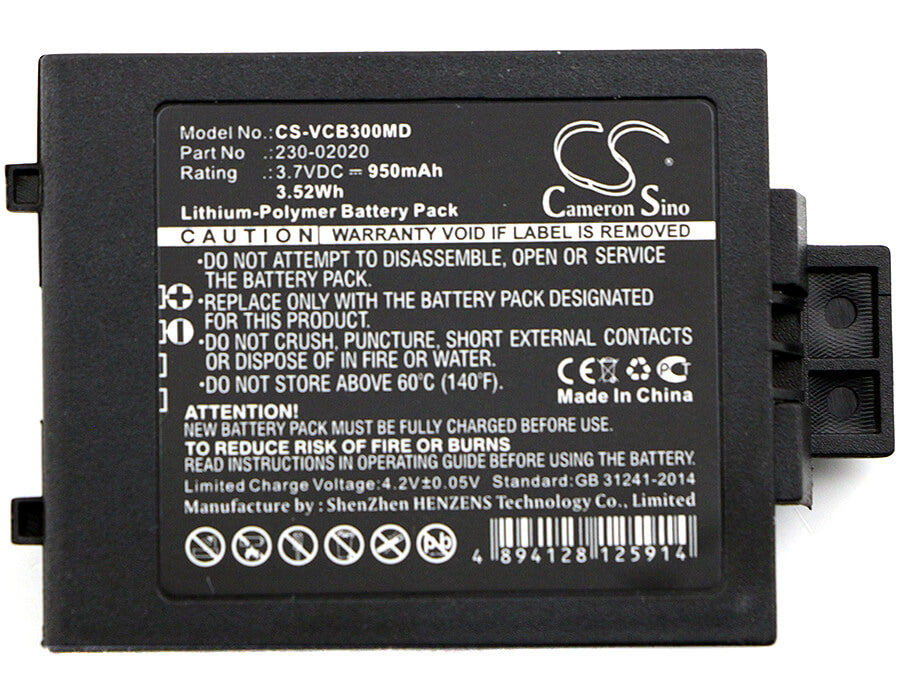 Black, 3.7V, 950mAh, Li-Polymer Battery fits Vocera, B3000e, B3000n, 3.515Wh