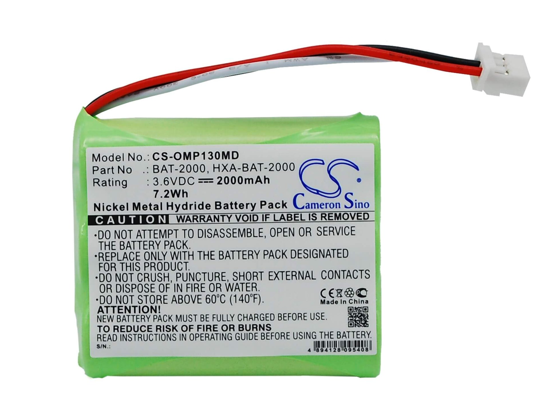 3.6V, 2000mAh, Ni-MH Battery fits Omron, Hbp-1300, Hbp-1300 Blood Pressure Monito, 7.2Wh