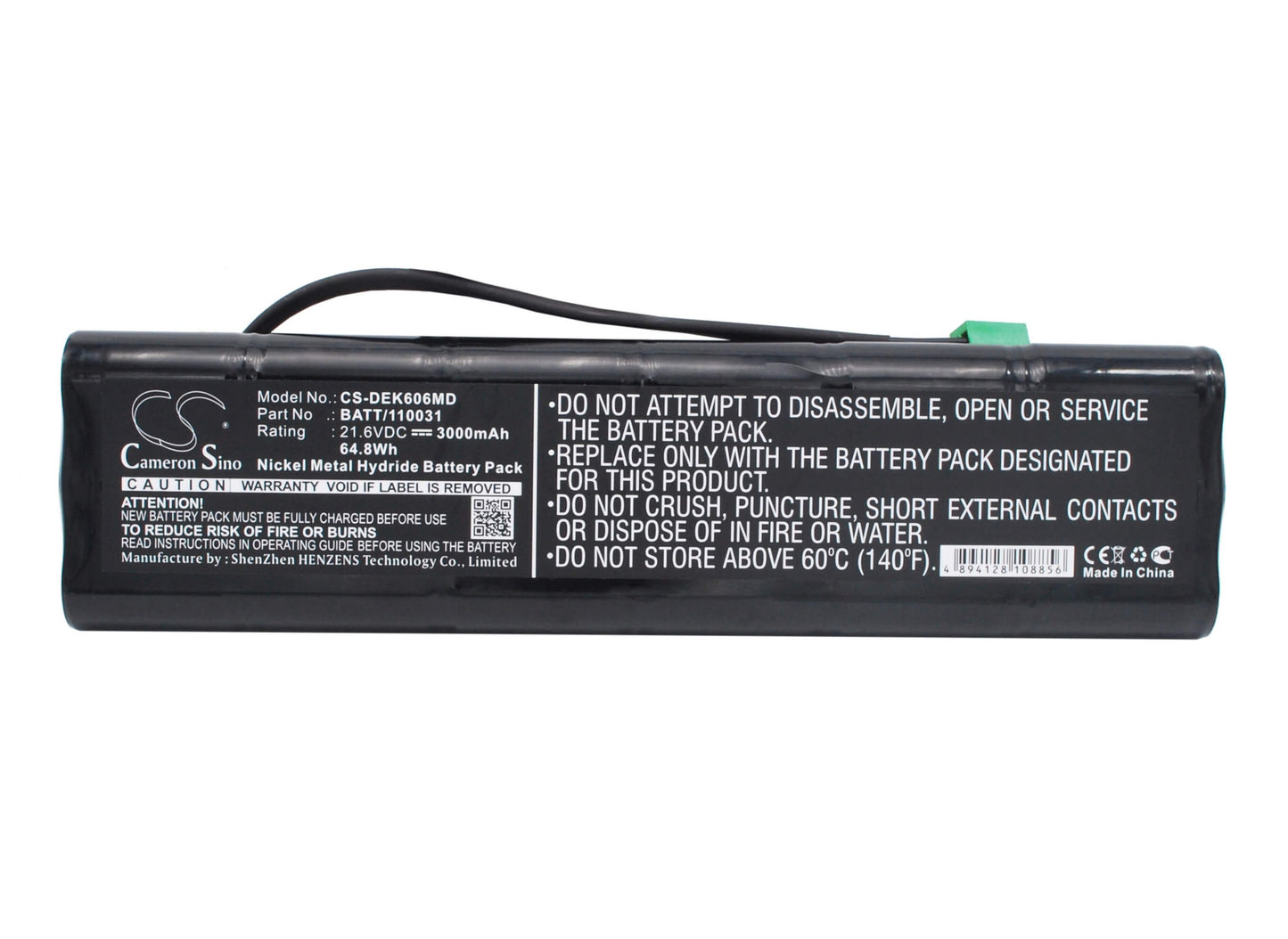 21.60V, 3000mAh, Ni-MH Battery fits Dimeq, Ek606, 64.8Wh