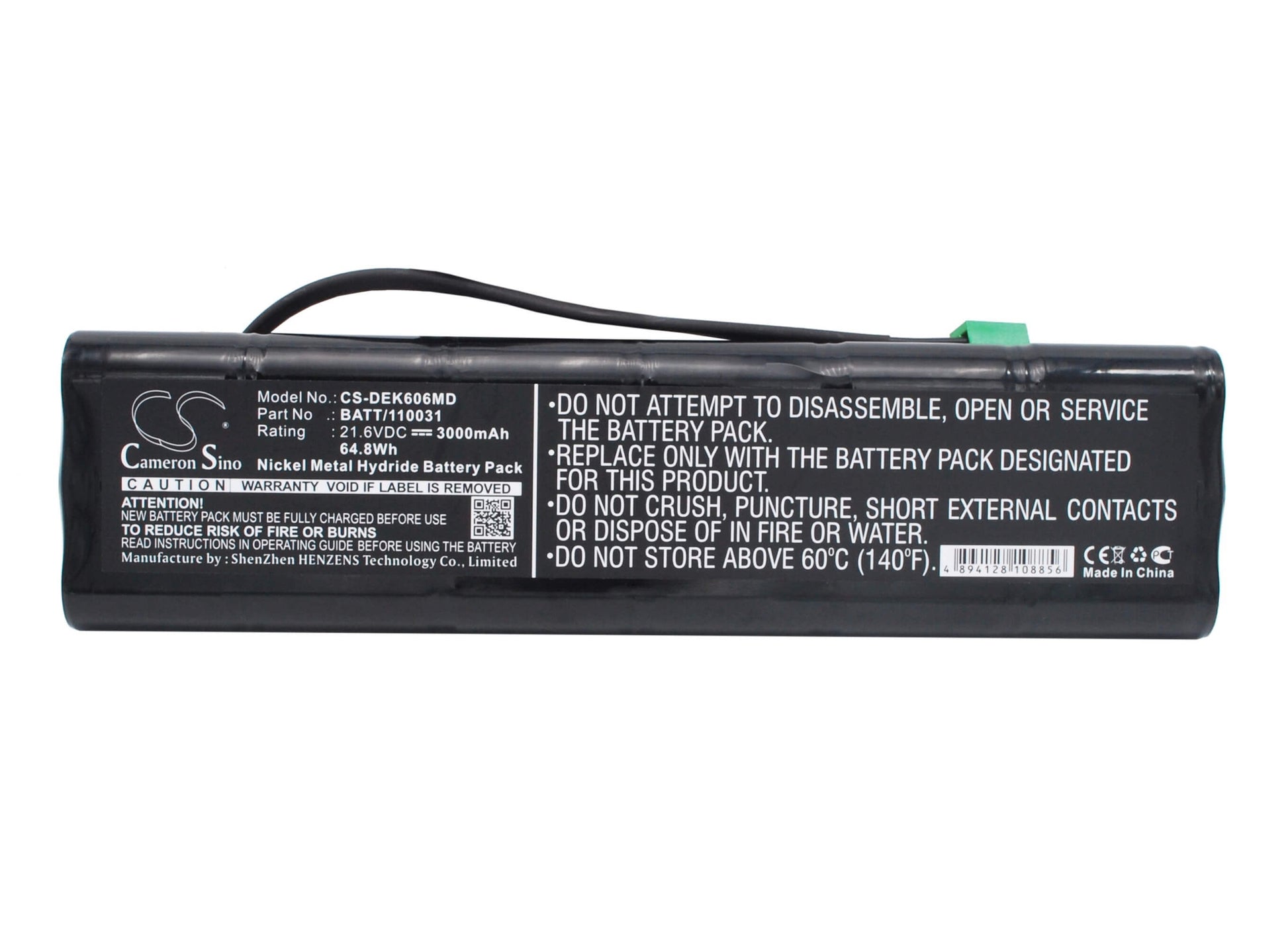 21.60V, 3000mAh, Ni-MH Battery fits Dimeq, Ek606, 64.8Wh