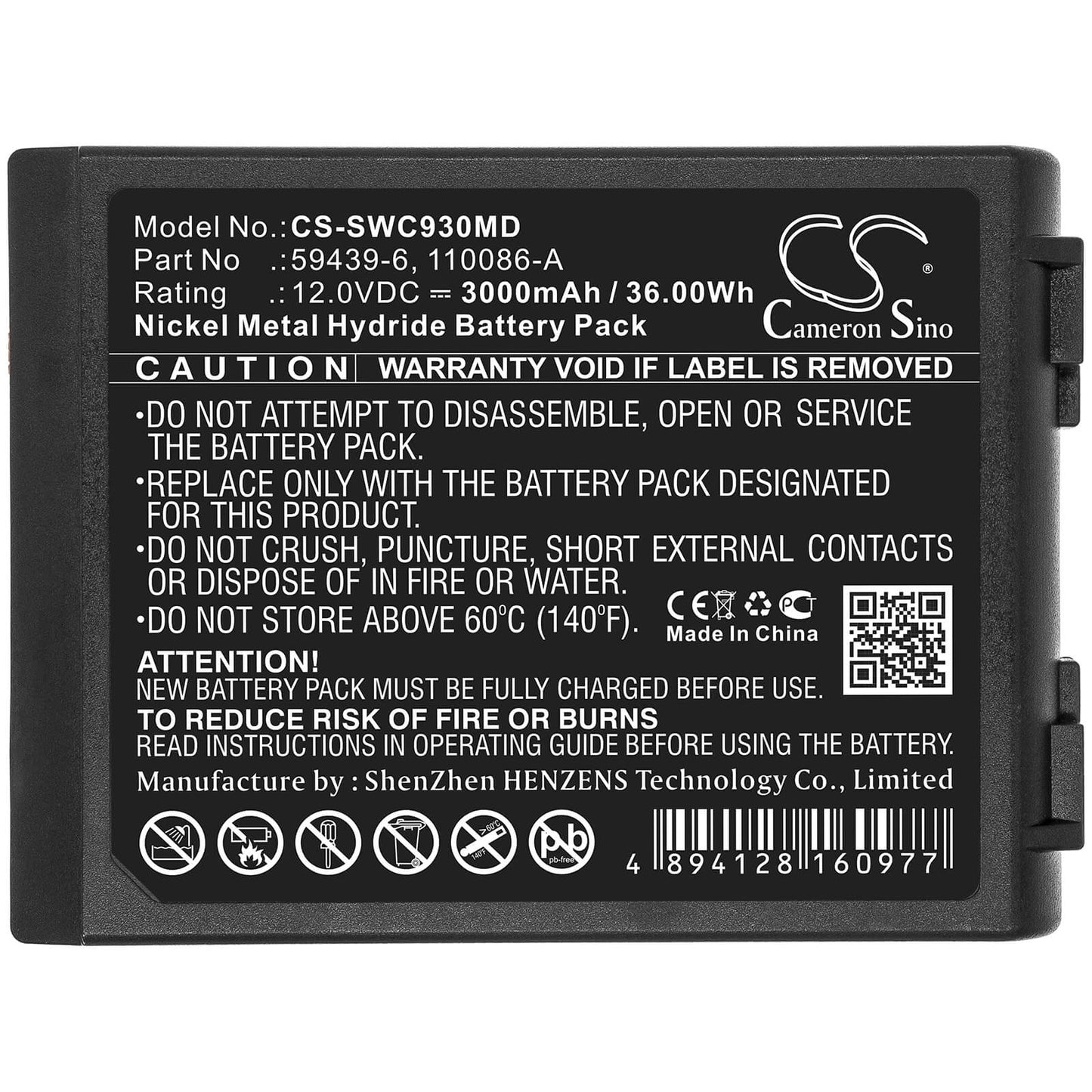 12.0V, 3000mAh, Ni-MH Battery fits Simonson-wheel, Defibrillator Cardio Aid Mc+, Defibrillator Cardioaid 930, 36Wh