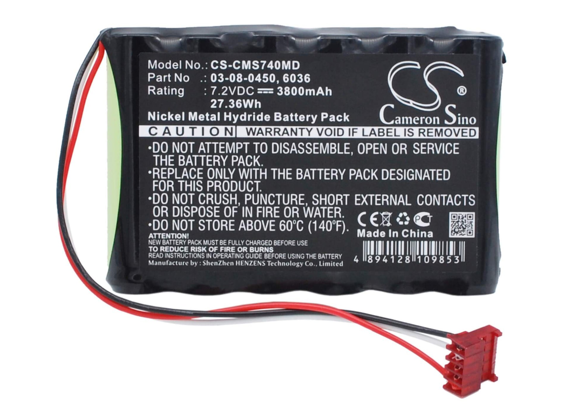 7.2V, 3800mAh, Ni-MH Battery fits Cas Medical, 740 Vital Signs Monitor, 750 Vital Signs Monitor, 27.36Wh