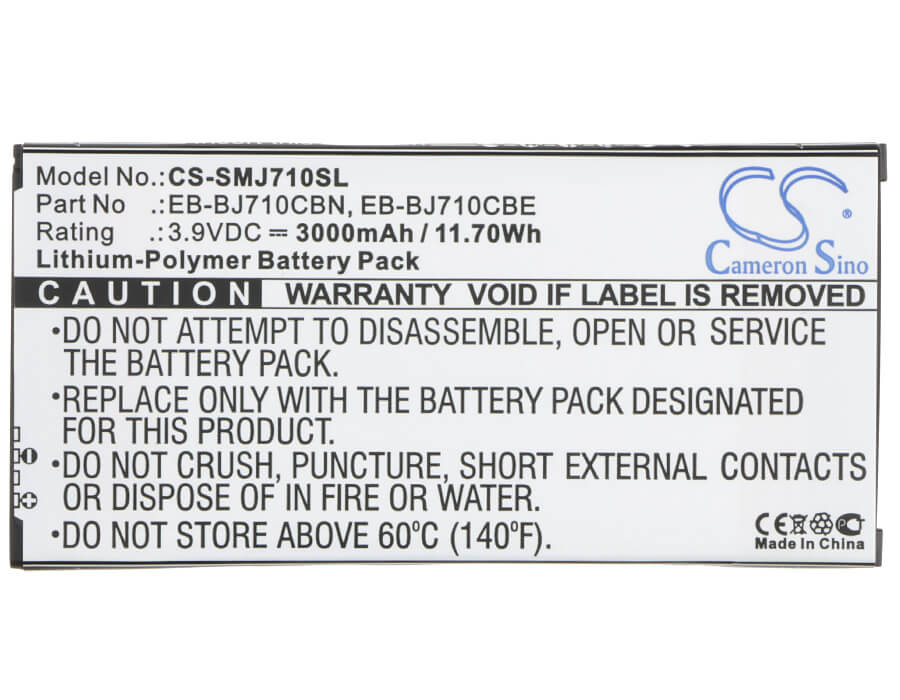 3.9V, 3000mAh, Li-Polymer Battery fits Samsung, Galaxy J7 2016, Galaxy J7 6 Duos Td-lte, 11.7Wh