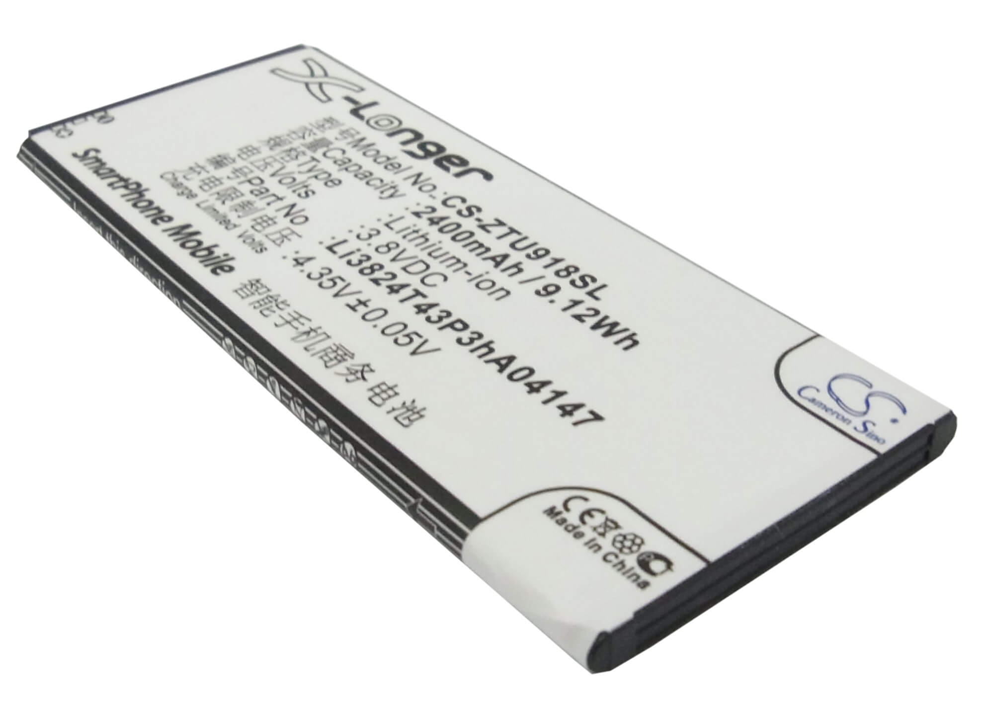 3.8V, 2400mAh, Li-ion Battery fits Zte, Blade L3 Plus, N9180, 9.12Wh
