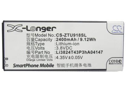 3.8V, 2400mAh, Li-ion Battery fits Zte, Blade L3 Plus, N9180, 9.12Wh