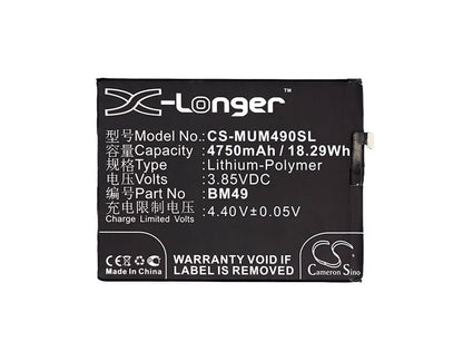 CS-MUM490SL, Mobile, Smartphone 3.85V, 4750mAh, Li-Polymer Battery fits Xiaomi, 2016001, 2016002, 18.2875Wh
