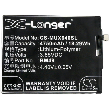 CS-MUX640SL, Mobile, Smartphone 3.85V, 4750mAh, Li-Polymer Battery fits Xiaomi, 2016001, 2016002, 18.2875Wh
