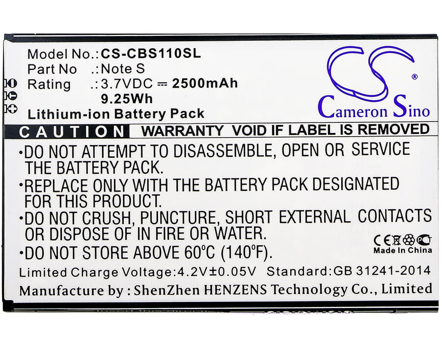 3.7V, 2500mAh, Li-ion Battery fits Cubot, Note S, 9.25Wh
