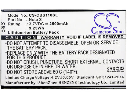 3.7V, 2500mAh, Li-ion Battery fits Cubot, Note S, 9.25Wh
