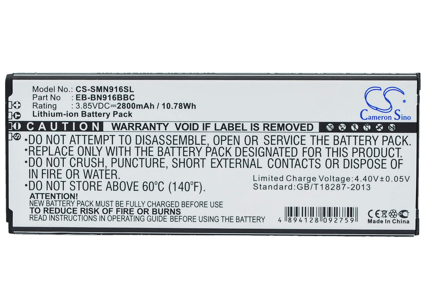 3.85V, 2800mAh, Li-ion Battery fits Samsung, Galaxy Note 4 ( China Mobile ), Sm-n9100, 10.78Wh