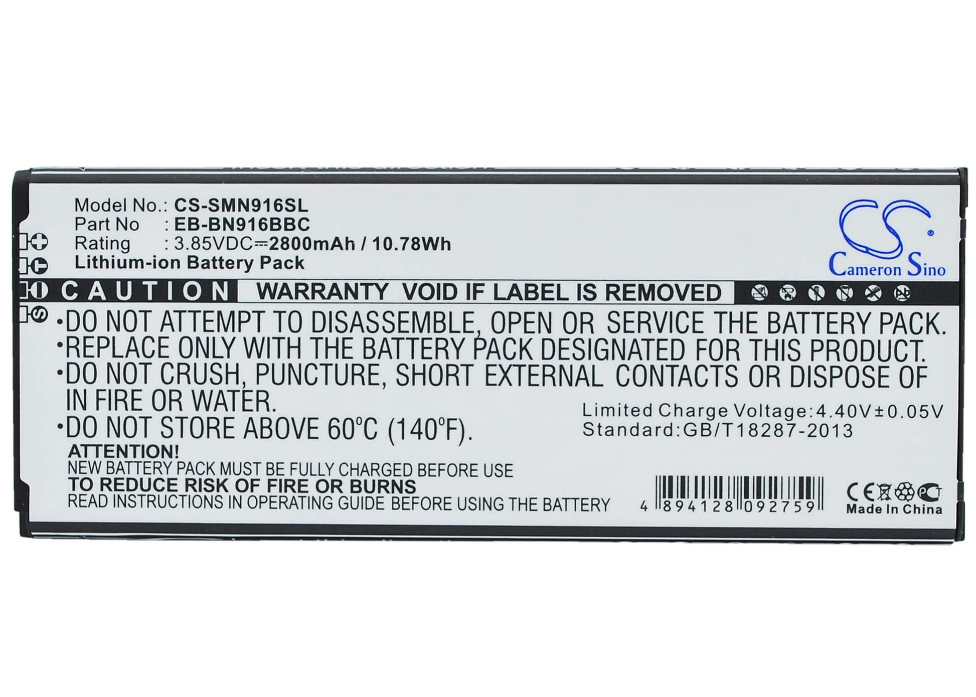 3.85V, 2800mAh, Li-ion Battery fits Samsung, Galaxy Note 4 ( China Mobile ), Sm-n9100, 10.78Wh