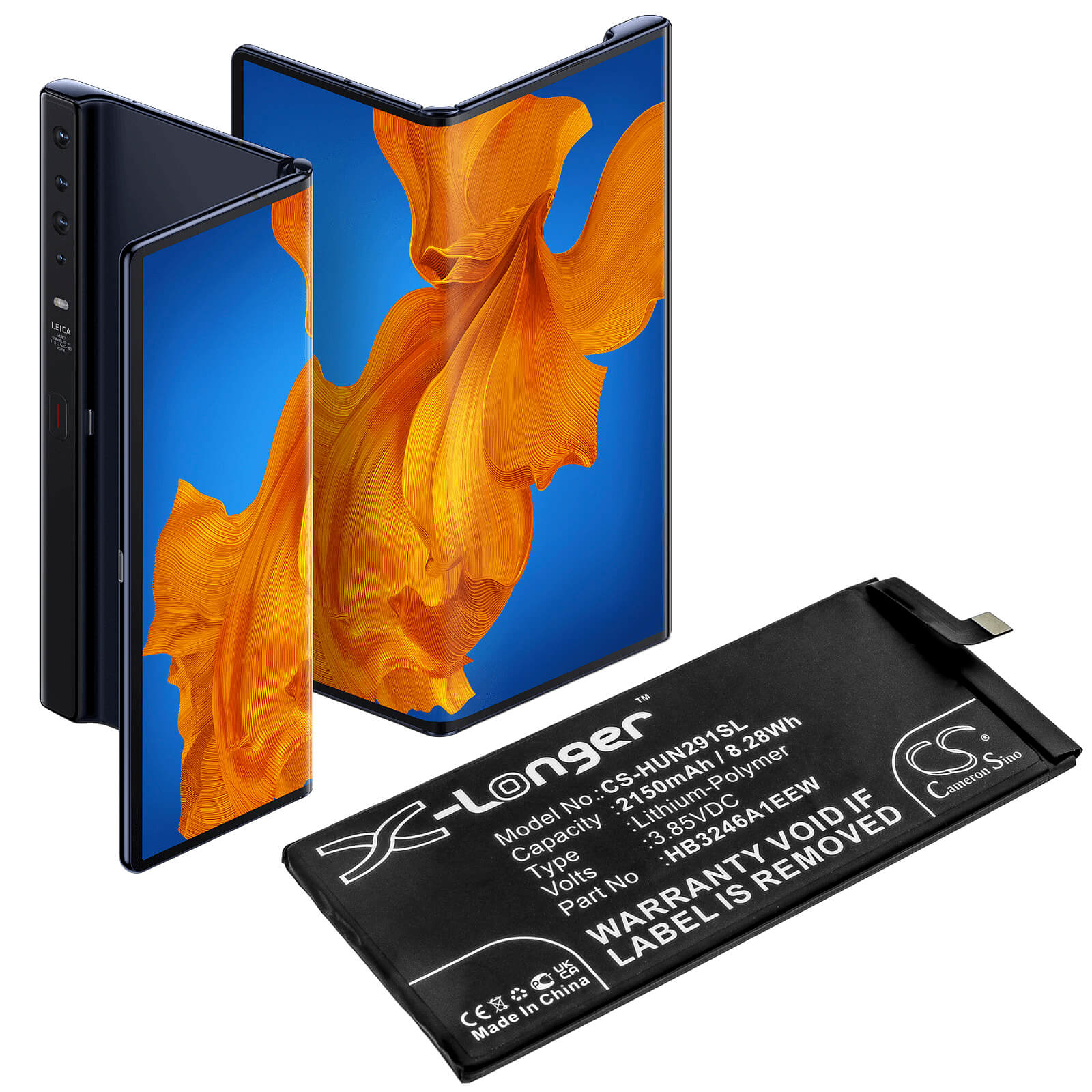 3.85V, 2150mAh, Li-Polymer Battery fits Huawei, Mate Xs, Tah-an00m, 8.2775Wh