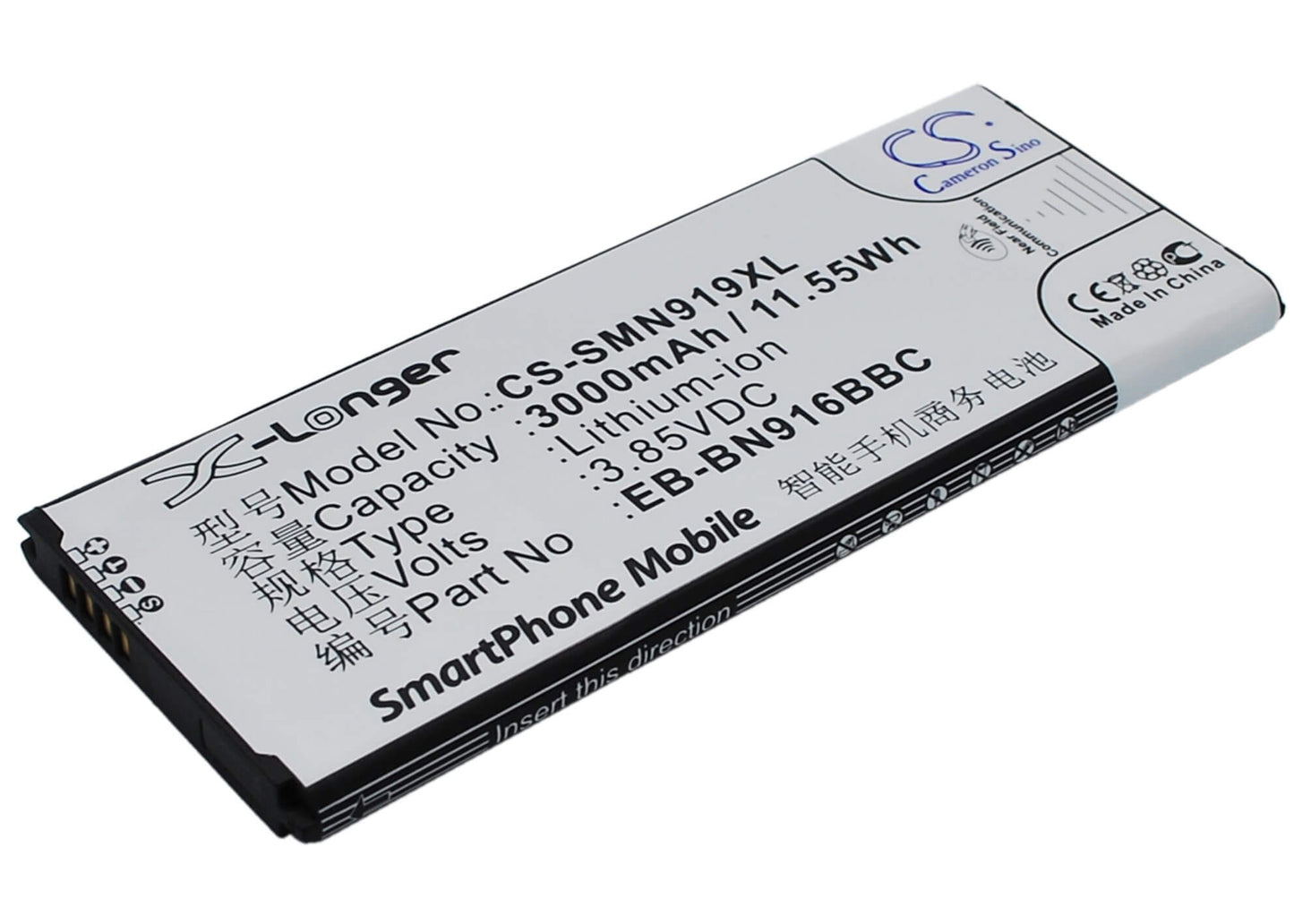 CS-SMN919XL, Mobile, Smartphone 3.85V, 3000mAh, Li-ion Battery fits Samsung, Galaxy Note 4 ( China Mobile ), Sm-n9100, 11.55Wh