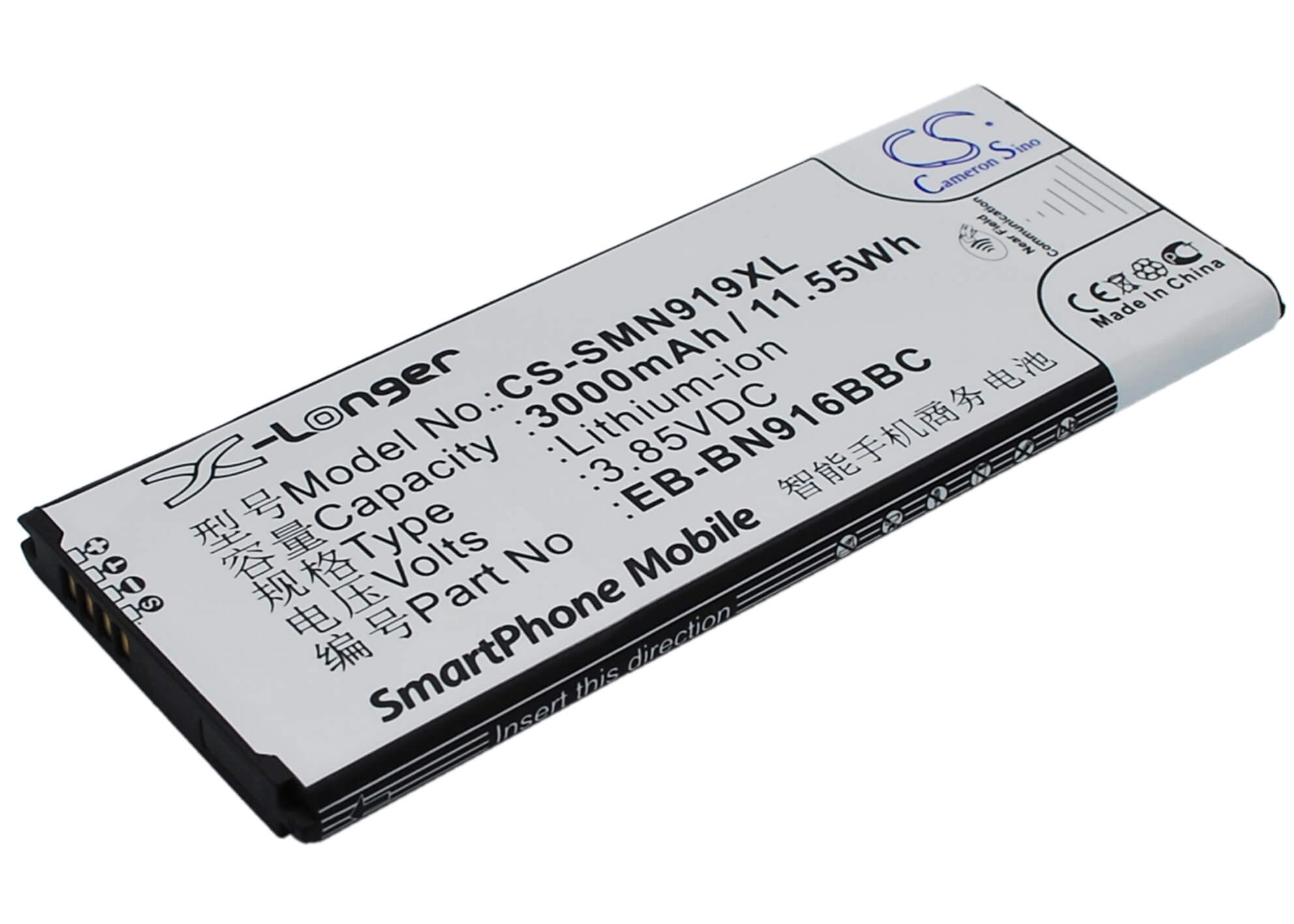 CS-SMN919XL, Mobile, Smartphone 3.85V, 3000mAh, Li-ion Battery fits Samsung, Galaxy Note 4 ( China Mobile ), Sm-n9100, 11.55Wh