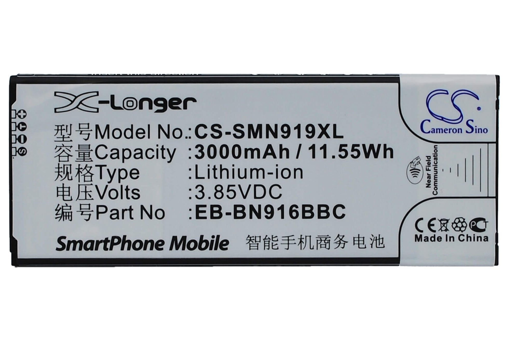 CS-SMN919XL, Mobile, Smartphone 3.85V, 3000mAh, Li-ion Battery fits Samsung, Galaxy Note 4 ( China Mobile ), Sm-n9100, 11.55Wh