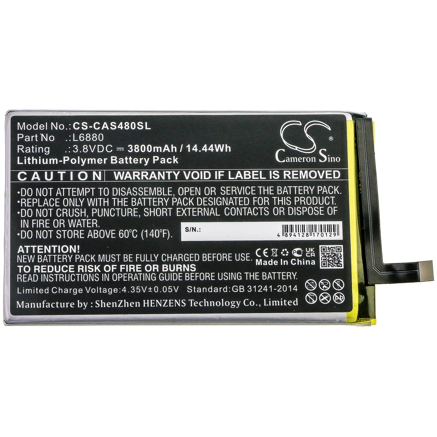 3.8V, 3800mAh, Li-Polymer Battery fits Caterpillar, Cat S48c, 14.44Wh