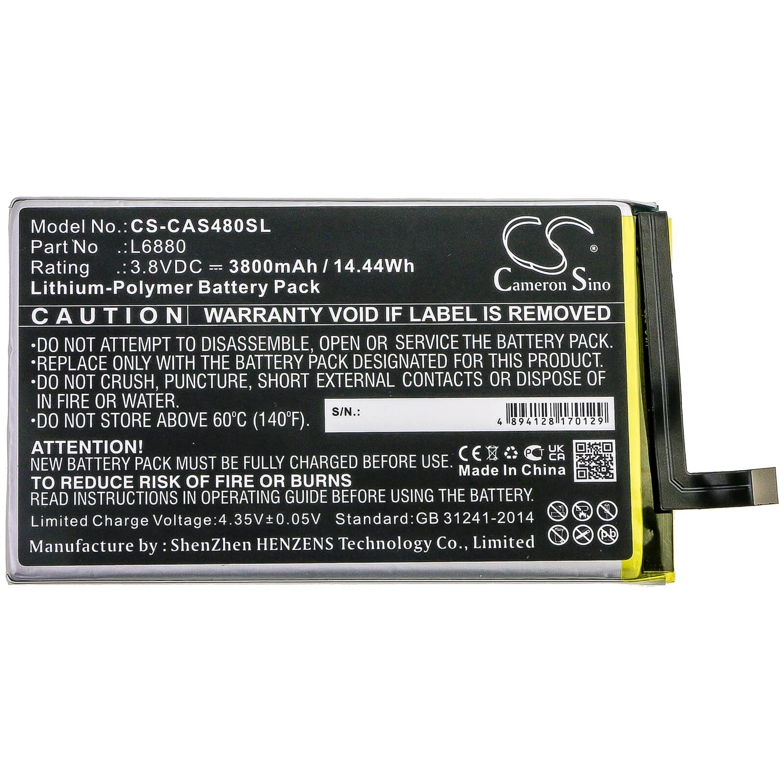 3.8V, 3800mAh, Li-Polymer Battery fits Caterpillar, Cat S48c, 14.44Wh