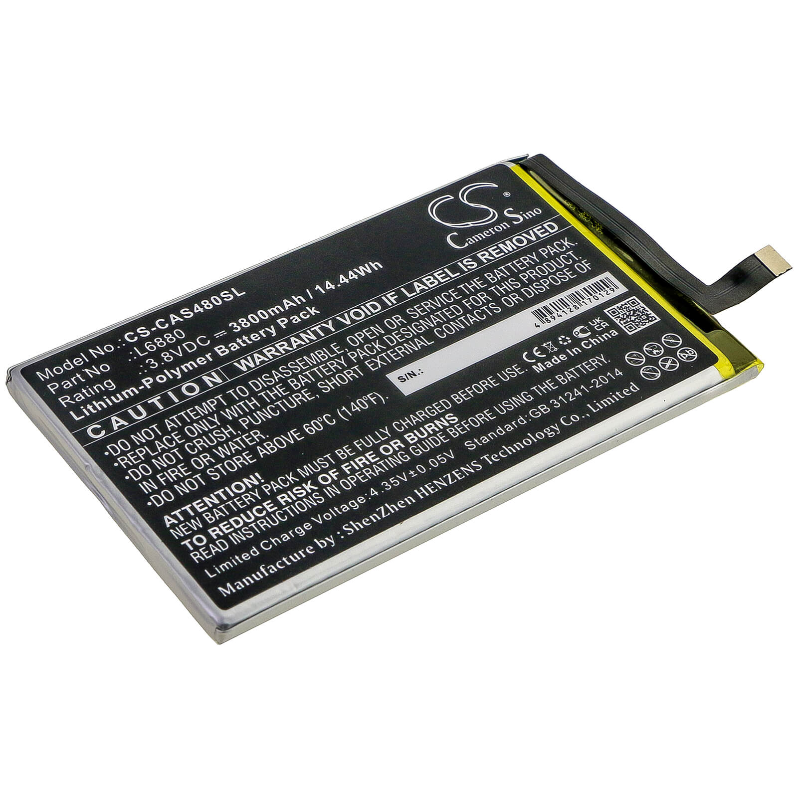 3.8V, 3800mAh, Li-Polymer Battery fits Cat, S48c, 14.44Wh