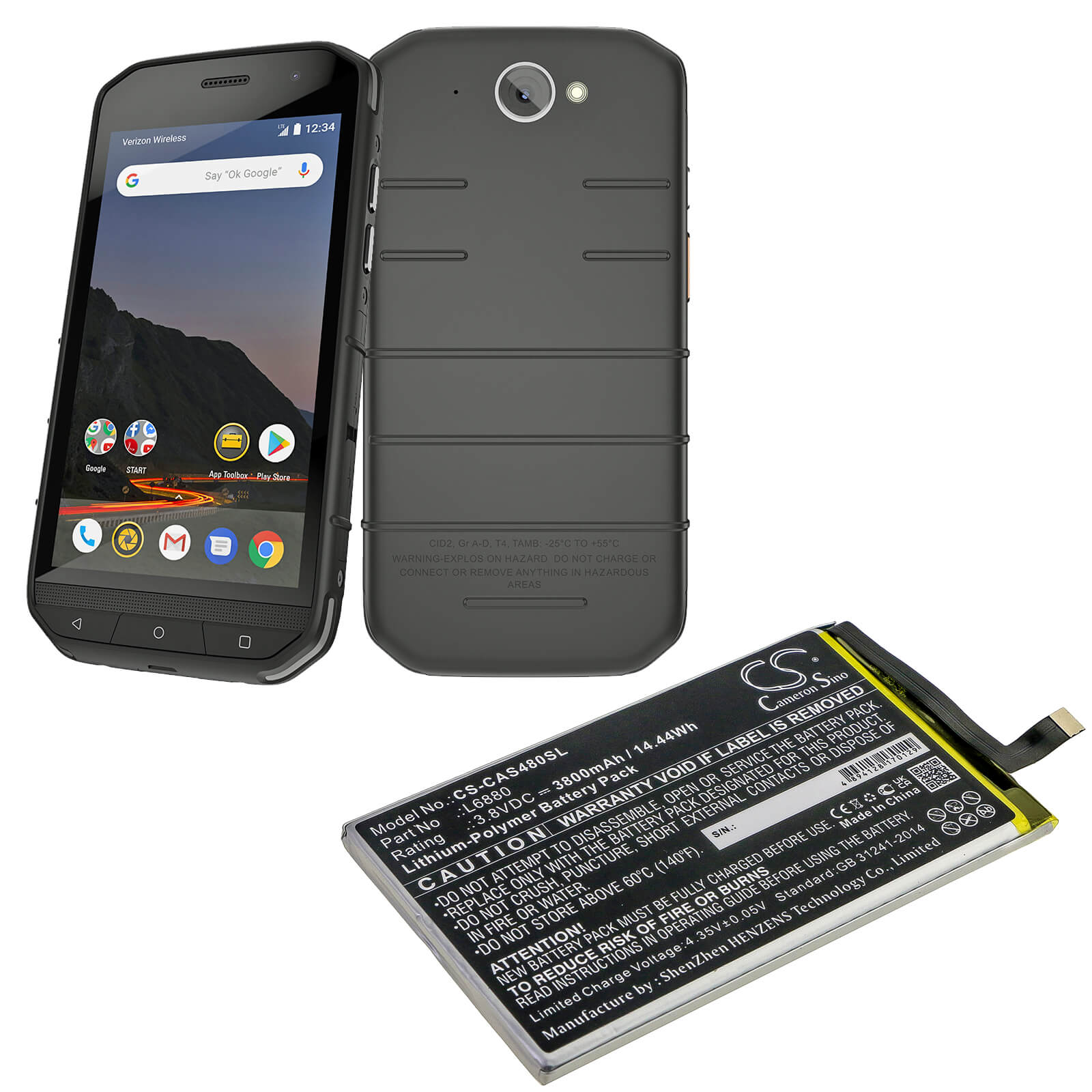 3.8V, 3800mAh, Li-Polymer Battery fits Cat, S48c, 14.44Wh