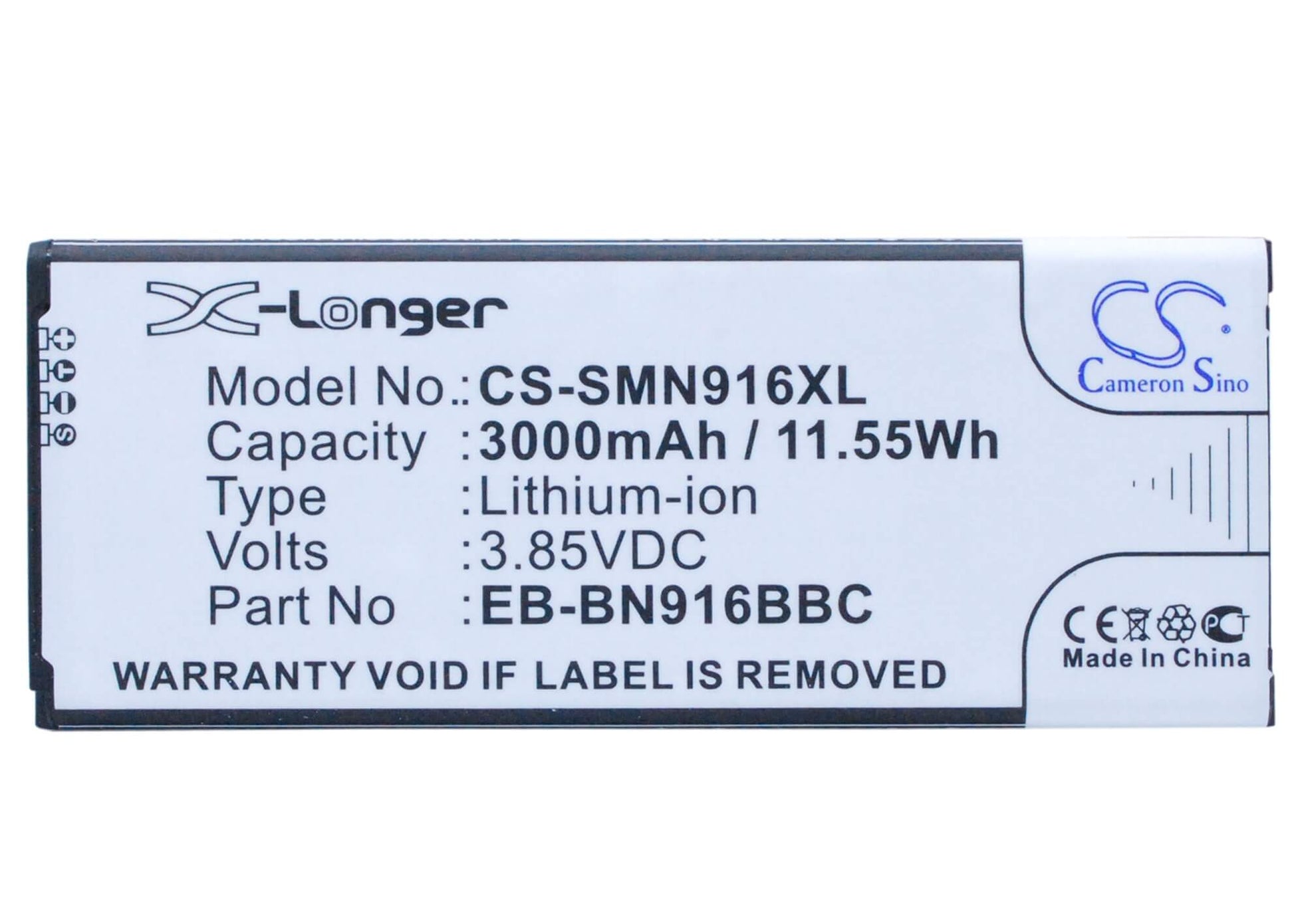 CS-SMN916XL, Mobile, Smartphone 3.85V, 3000mAh, Li-ion Battery fits Samsung, Galaxy Note 4 ( China Mobile ), Sm-n9100, 11.55Wh