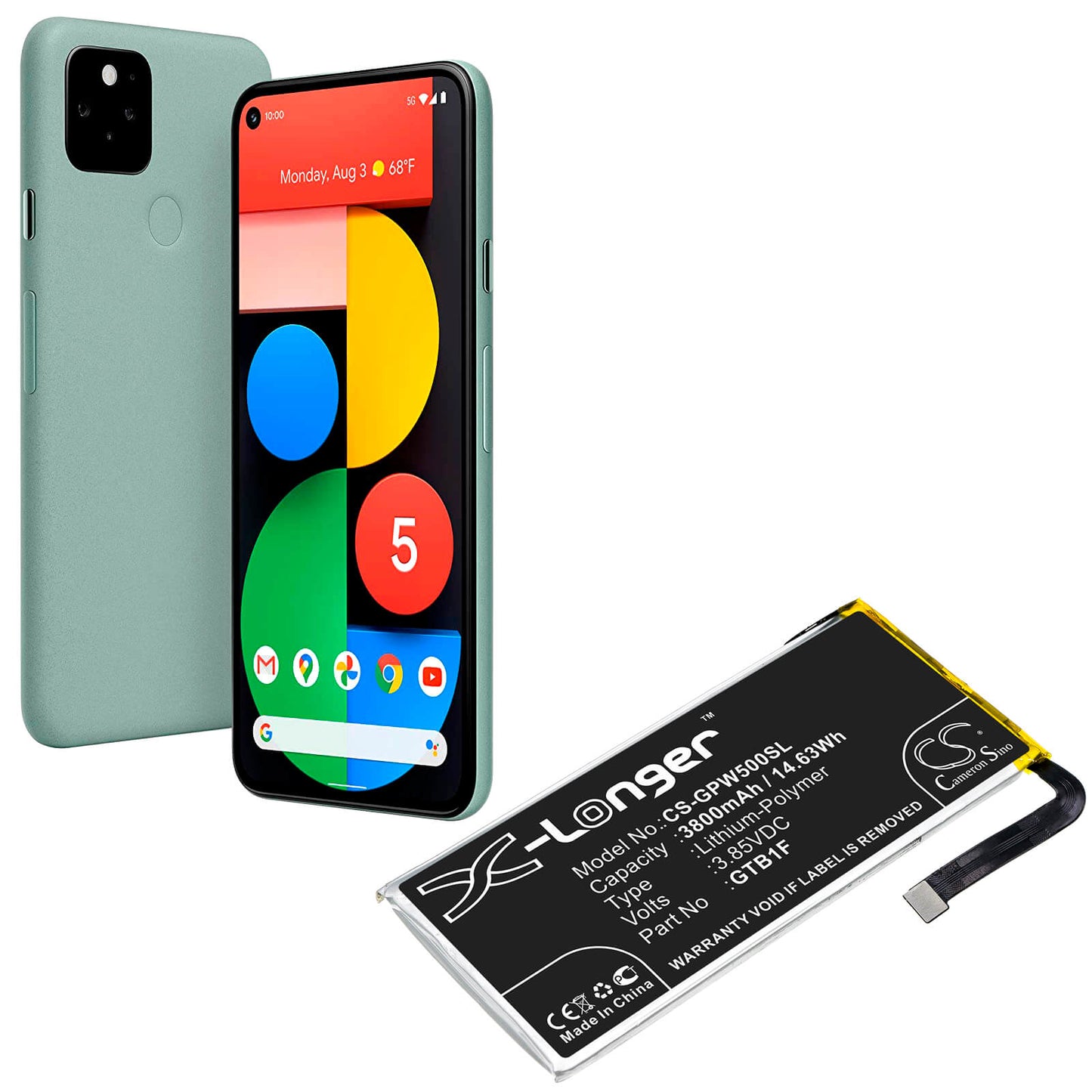 3.85V, 3800mAh, Li-Polymer Battery fits Google, Pixel 5, 14.63Wh