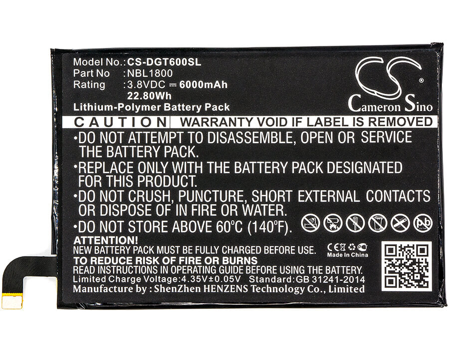 3.8V, 6000mAh, Li-Polymer Battery fits Doogee, Homtom Ht6, T6, 22.8Wh
