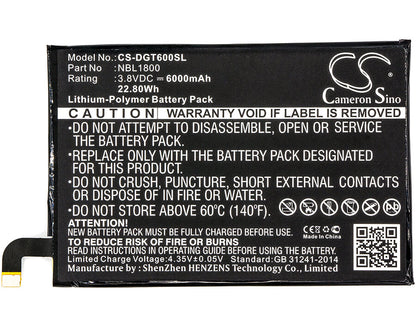 3.8V, 6000mAh, Li-Polymer Battery fits Doogee, Homtom Ht6, T6, 22.8Wh