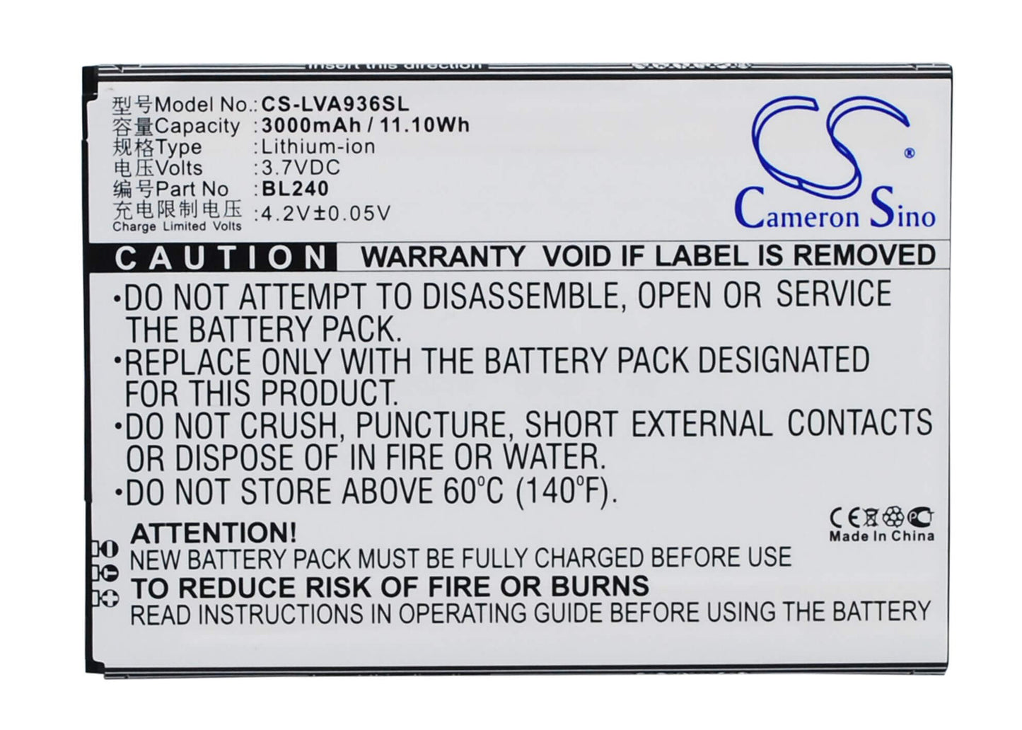 3.7V, 3000mAh, Li-Polymer Battery fits Lenovo, A936, 11.1Wh