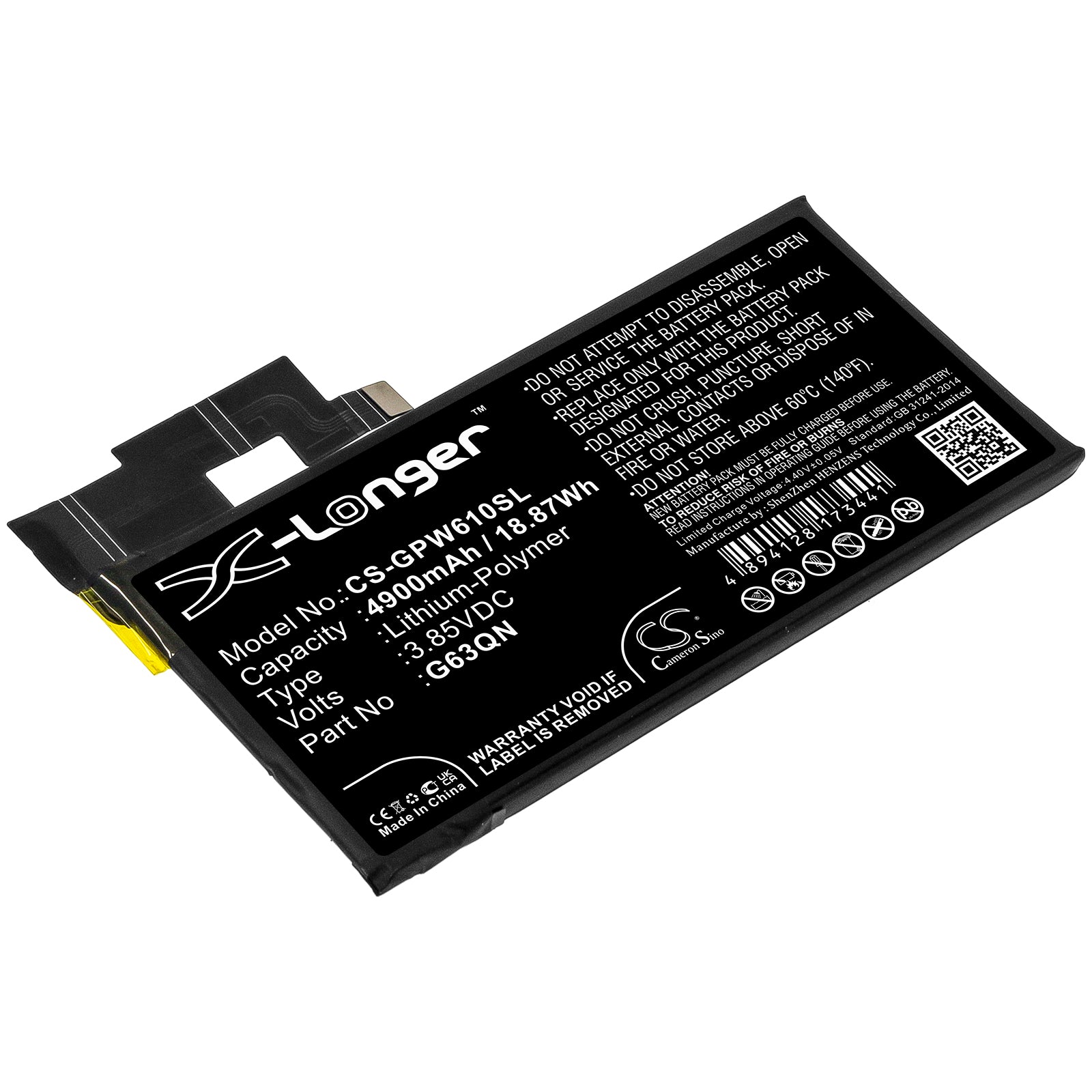 3.85V, 4900mAh, Li-Polymer Battery fits Google, G8vou, Gf5kq, 18.865Wh