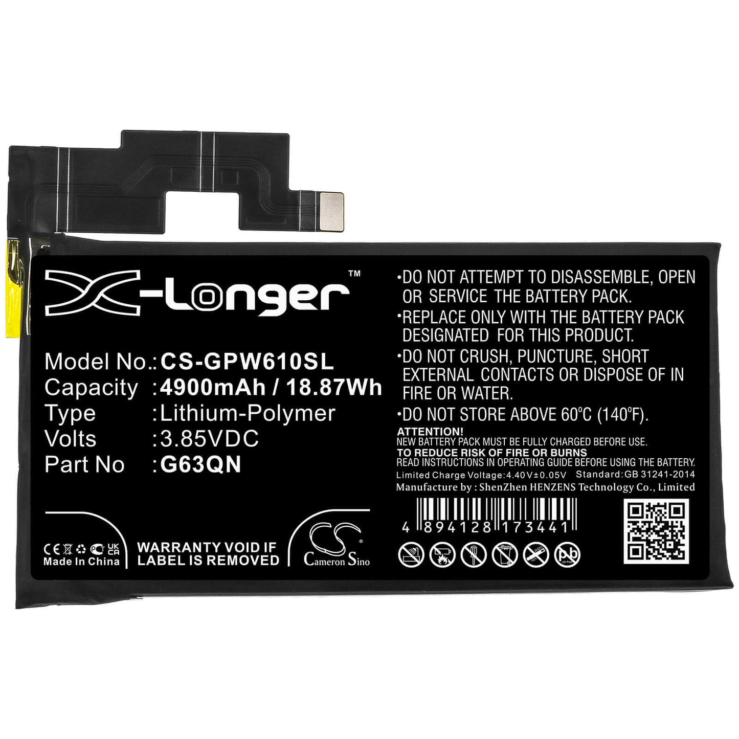 3.85V, 4900mAh, Li-Polymer Battery fits Google, G8vou, Gf5kq, 18.865Wh