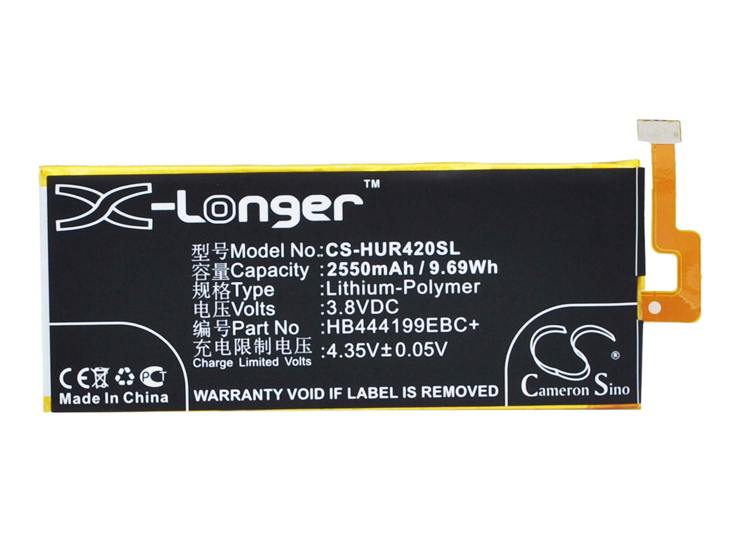 3.8V, 2550mAh, Li-Polymer Battery fits Huawei, C8818, Chc-u01, 9.69Wh