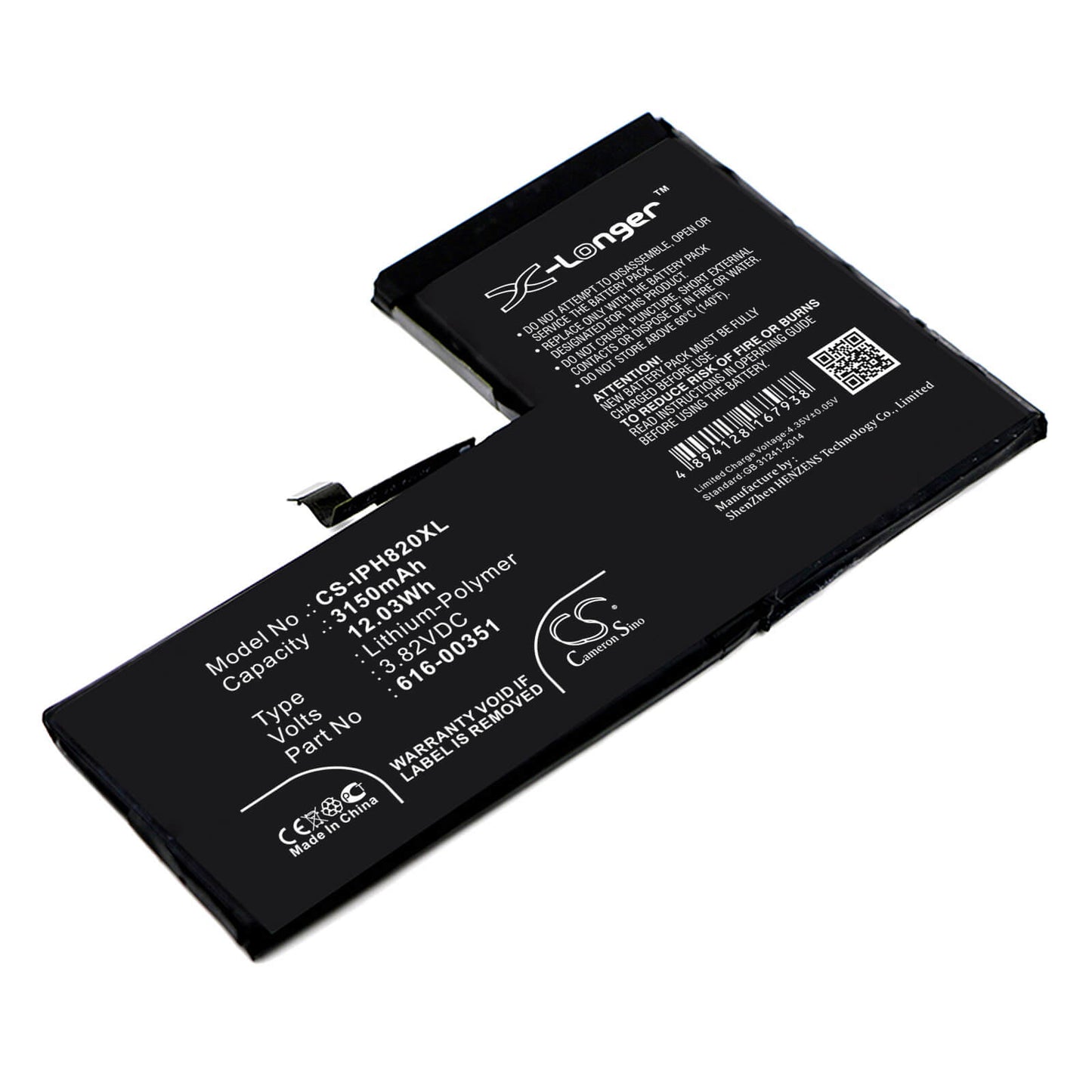 3.82V, 3150mAh, Li-Polymer Battery fits Apple, Iphone X, Mqa52ll/a, 12.033Wh