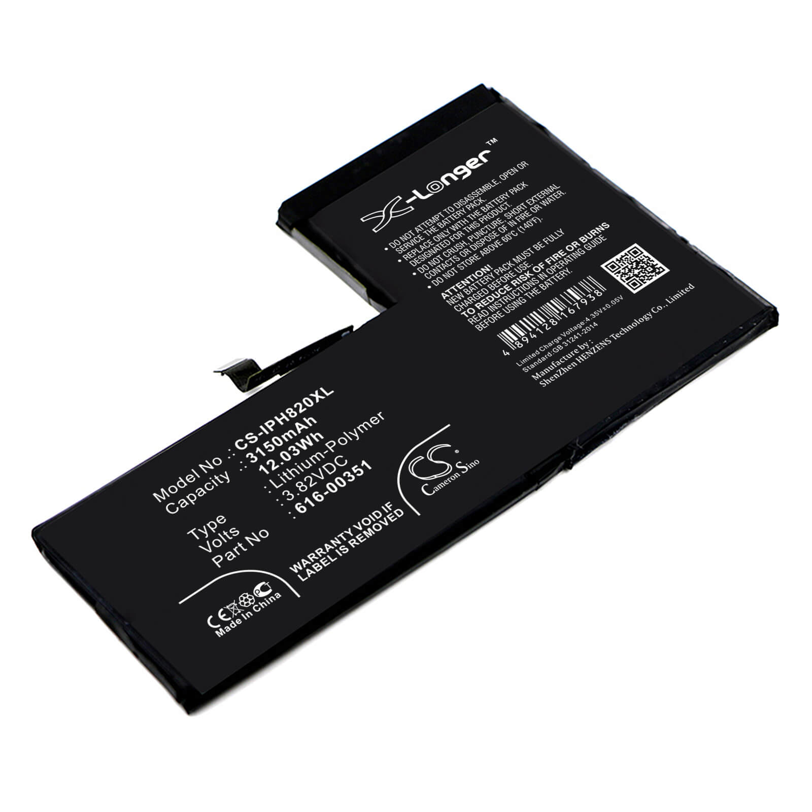 3.82V, 3150mAh, Li-Polymer Battery fits Apple, Iphone X, Mqa52ll/a, 12.033Wh