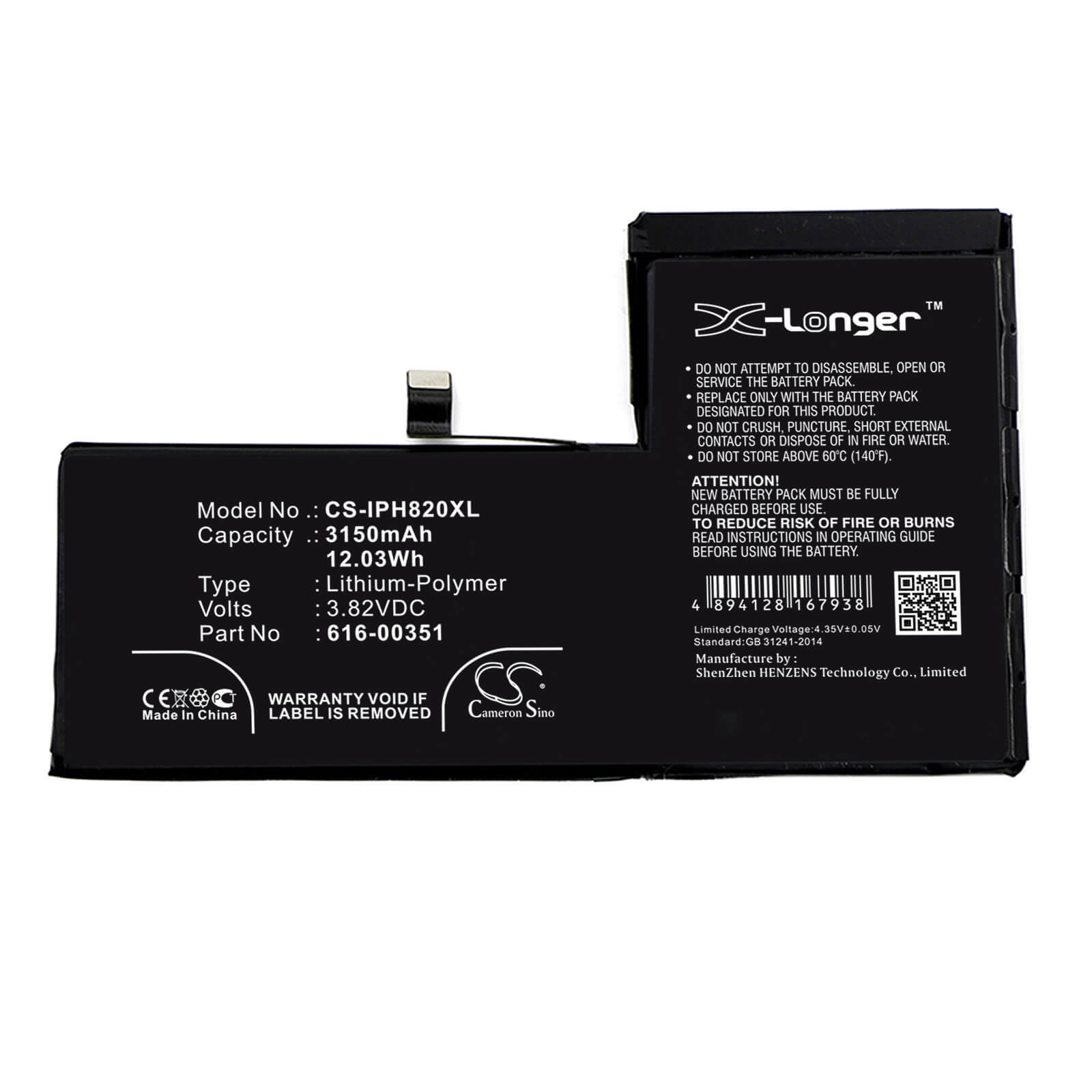 3.82V, 3150mAh, Li-Polymer Battery fits Apple, Iphone X, Mqa52ll/a, 12.033Wh
