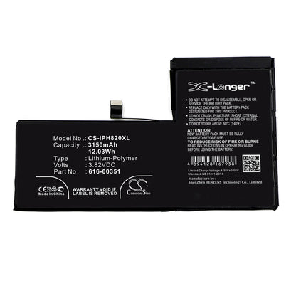 3.82V, 3150mAh, Li-Polymer Battery fits Apple, Iphone X, Mqa52ll/a, 12.033Wh