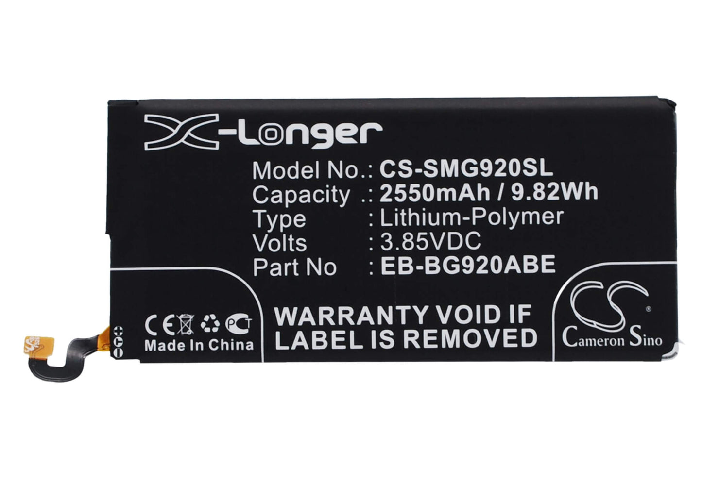 3.85V, 2550mAh, Li-Polymer Battery fits Samsung, Galaxy S6, Galaxy S6 Duos, 9.8175Wh