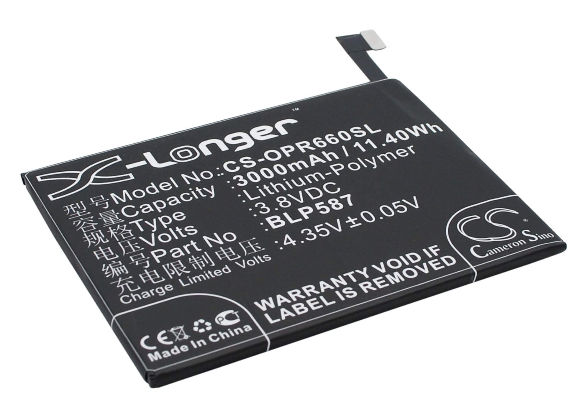 3.8V, 3000mAh, Li-Polymer Battery fits Oppo, R6607, U3, 11.4Wh