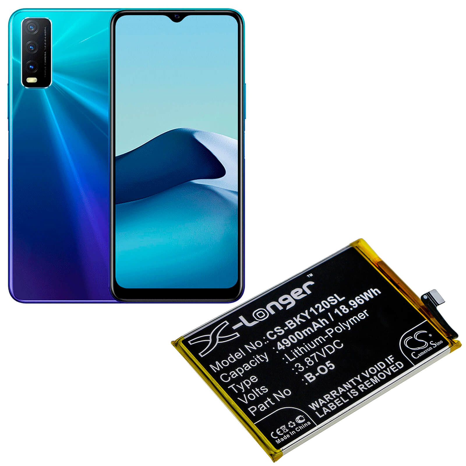 3.87V, 4900mAh, Li-Polymer Battery fits Vivo, Pd1901, Y12, 18.963Wh