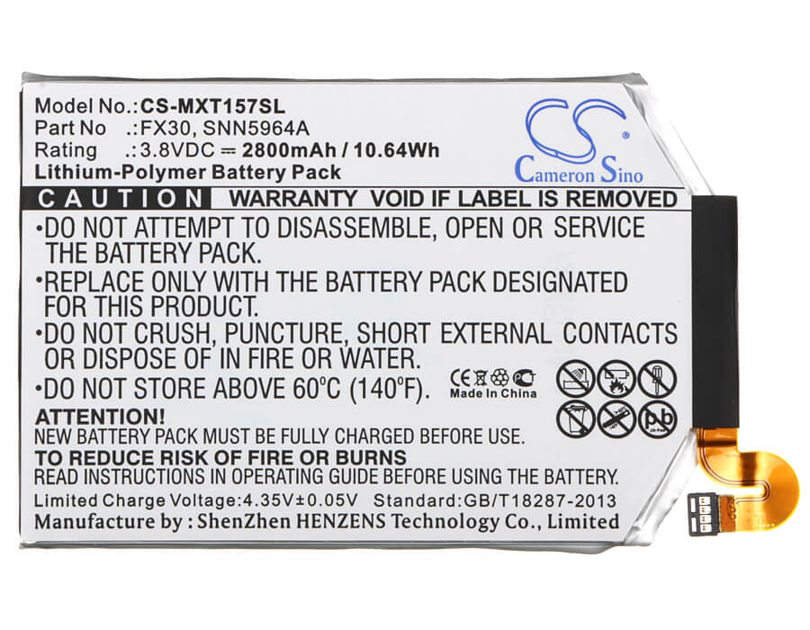 3.8V, 2800mAh, Li-Polymer Battery fits Motorola, Moto X Pure Edition, Moto X Style, 10.64Wh