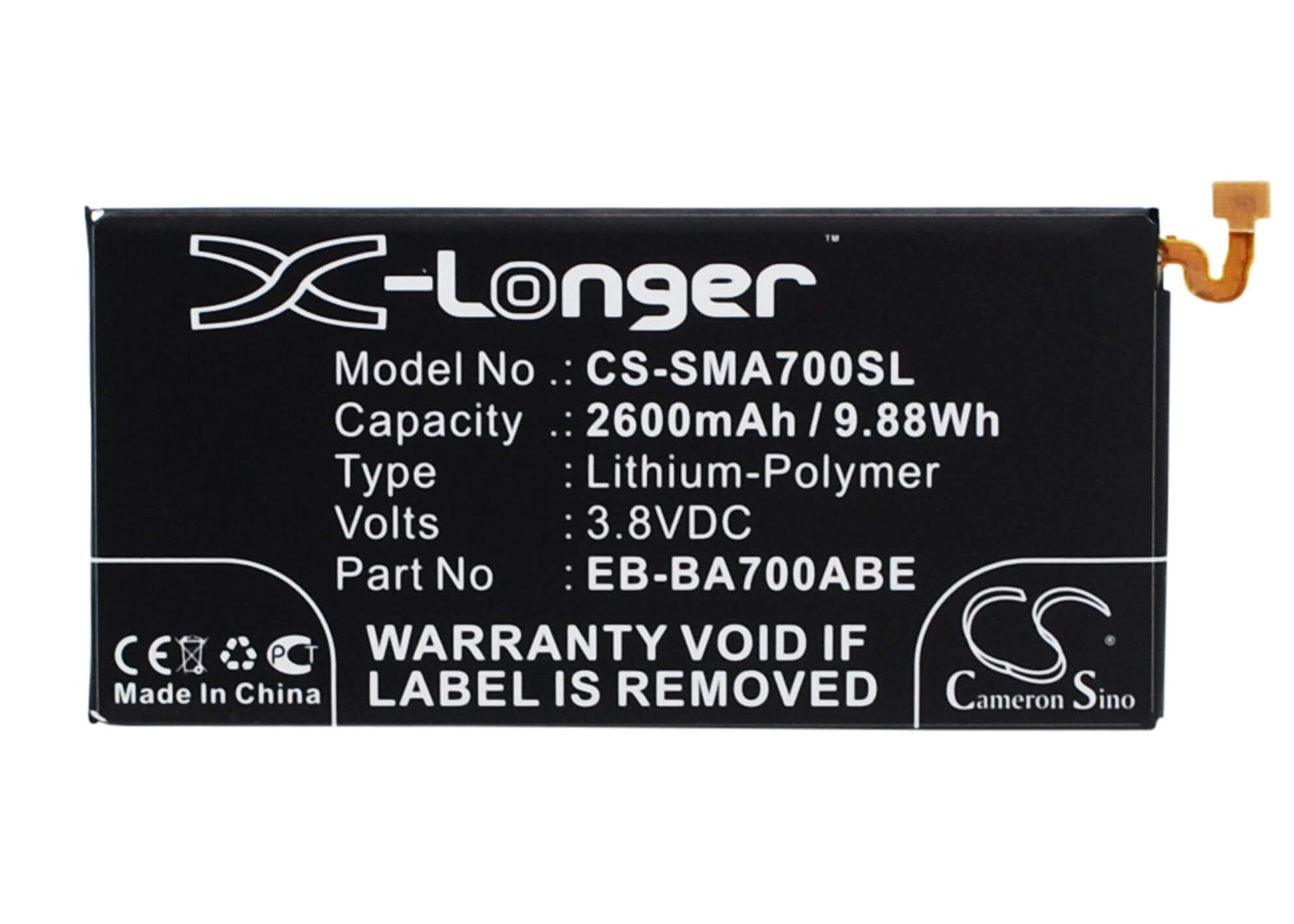 3.8V, 2600mAh, Li-Polymer Battery fits Samsung, Galaxy A7, Galaxy A7 Duos, 9.88Wh