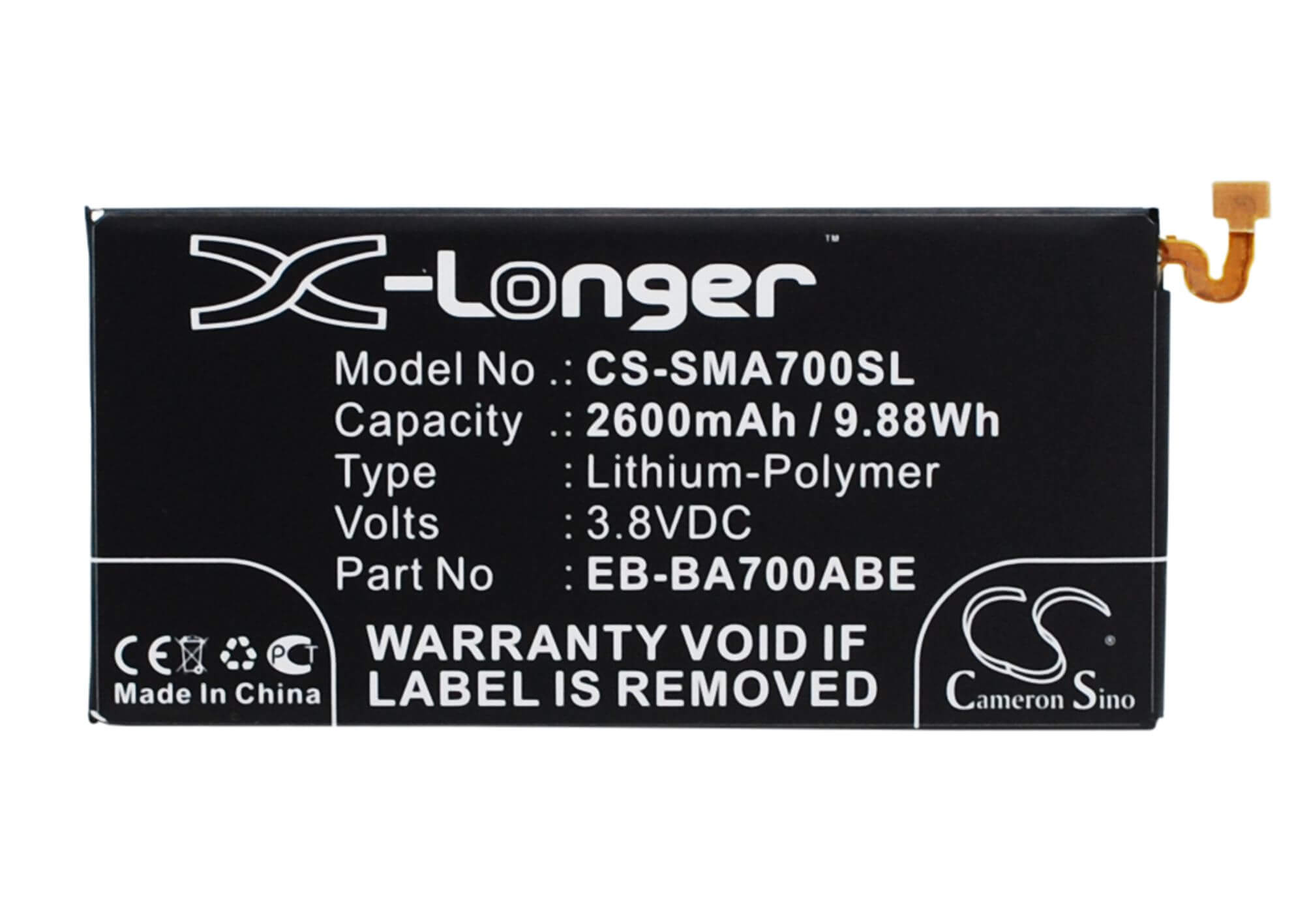 3.8V, 2600mAh, Li-Polymer Battery fits Samsung, Galaxy A7, Galaxy A7 Duos, 9.88Wh